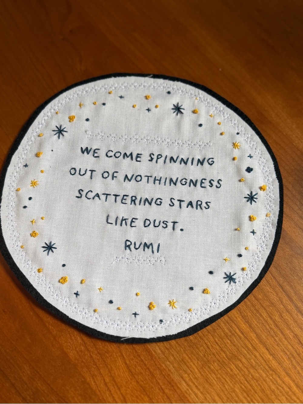 Hand Embroidered Round Coaster with Rumi quote - Picture 3 of 4